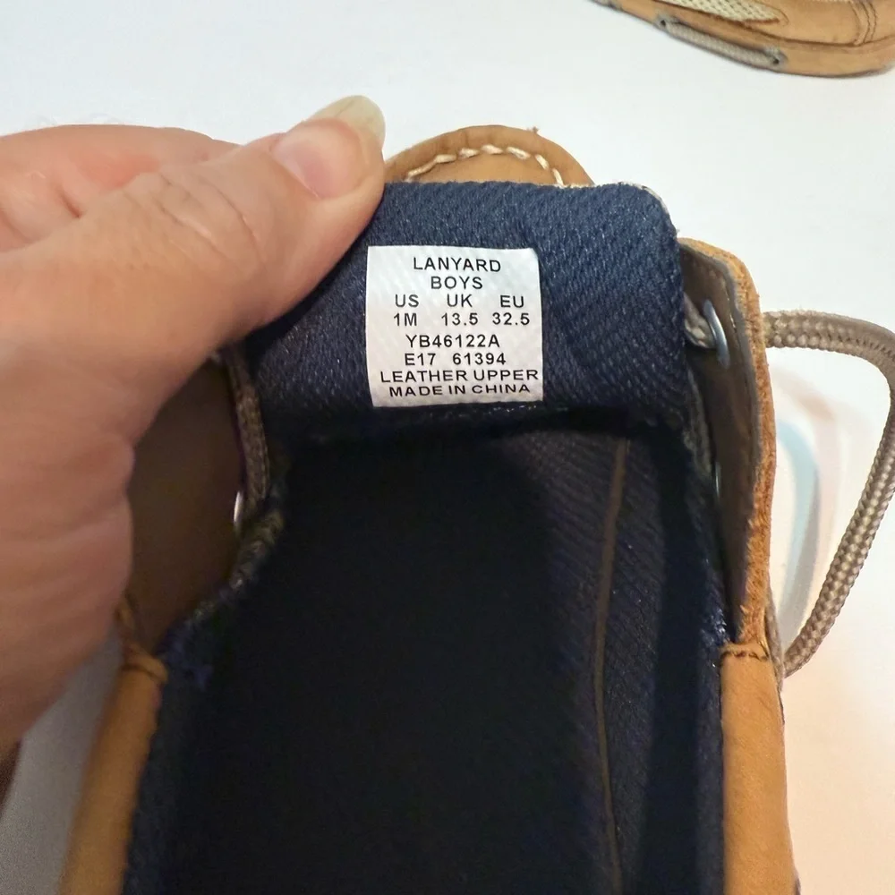Sperry Boys Top- Slider Lanyard Tan Leather Boat Shoes, Sz 1 M